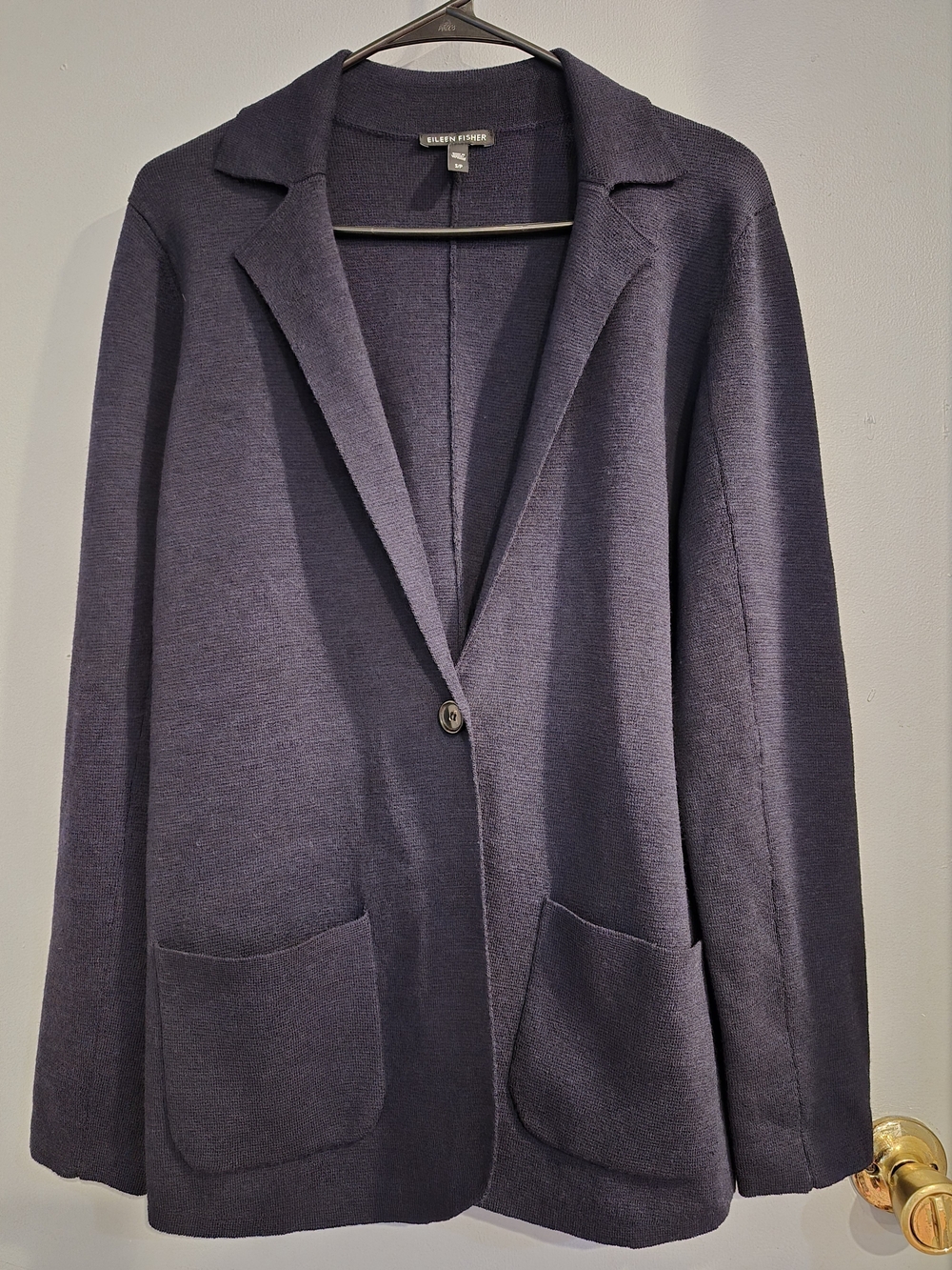 Eileen Fisher Washable Merino Wool Knit Single Button Blazer Navy Blue SMALL